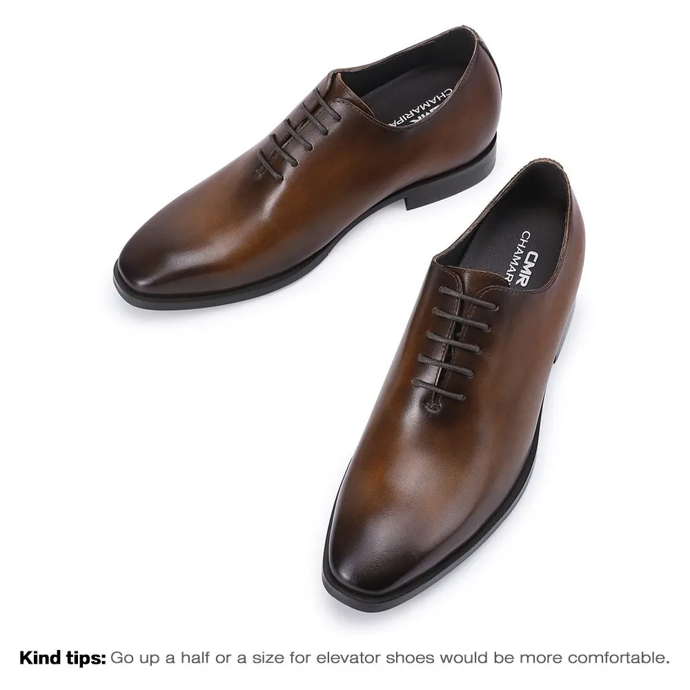 7CM/ 2.76 Inches Taller - CMR CHAMARIPA Elevator Dress Shoes For Men - Brown Calfskin Wedding Shoes