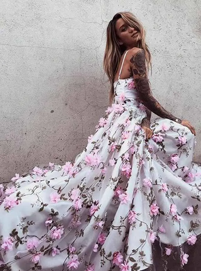 A-Line Deep V-Neck Sweep Train Pink Tulle Prom Dress with Flowers PG777