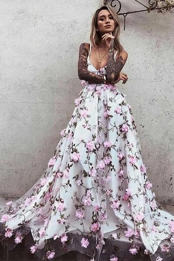 A-Line Deep V-Neck Sweep Train Pink Tulle Prom Dress with Flowers PG777