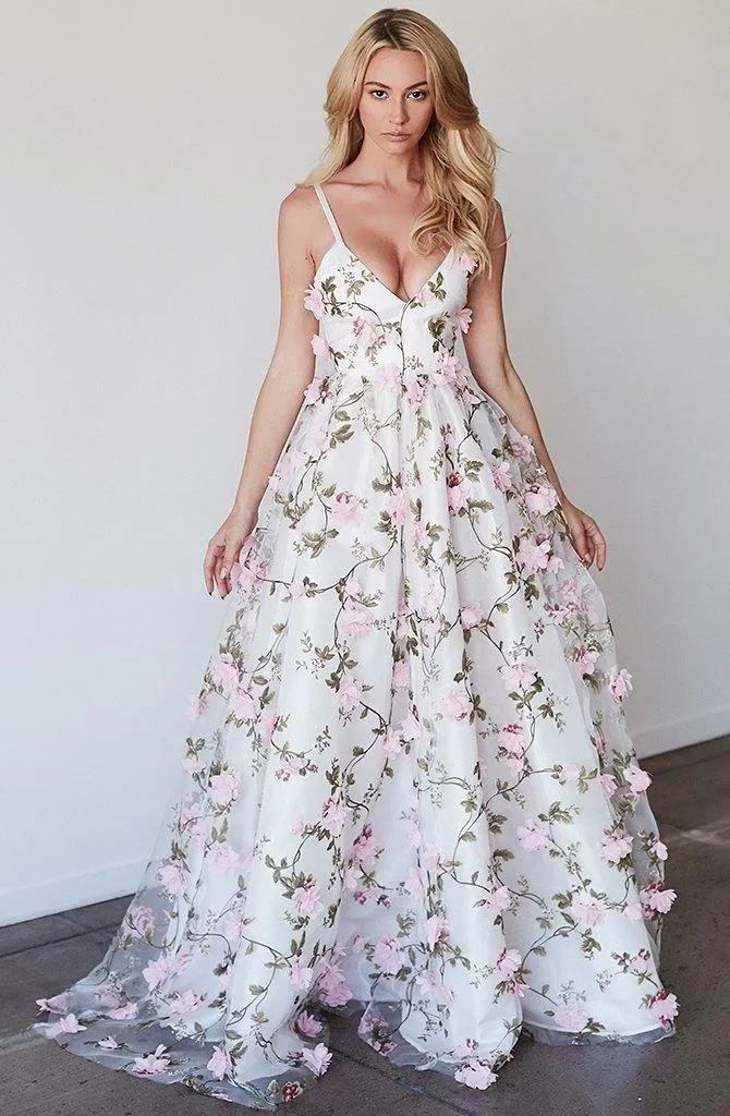A-Line Deep V-Neck Sweep Train Pink Tulle Prom Dress with Flowers PG777