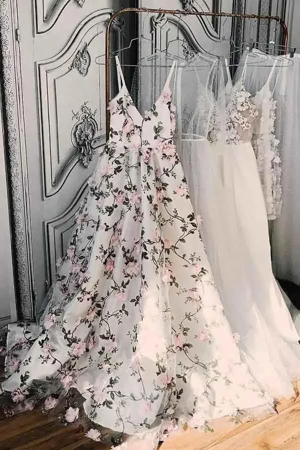 A-Line Deep V-Neck Sweep Train Pink Tulle Prom Dress with Flowers PG777
