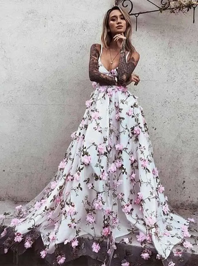 A-Line Deep V-Neck Sweep Train Pink Tulle Prom Dress with Flowers PG777