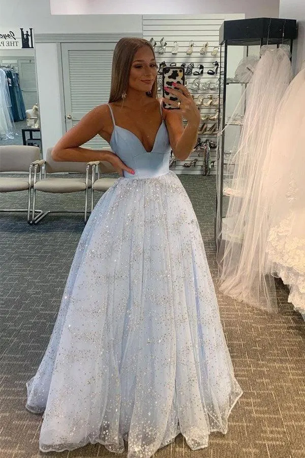 A-line Sparkly V-neck Spaghetti Straps Prom Dresses Formal Dresses  PSK263
