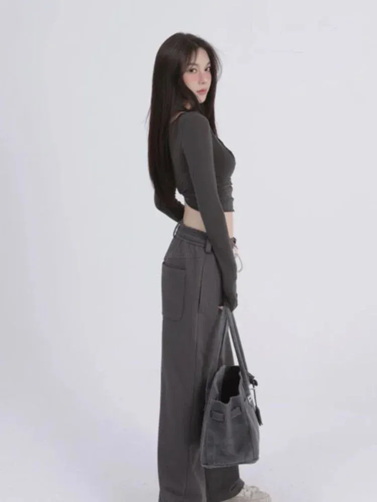 Aesthetic Halter Two-Piece Set - Harajuku Long Sleeve Tee From Kawaii Stop