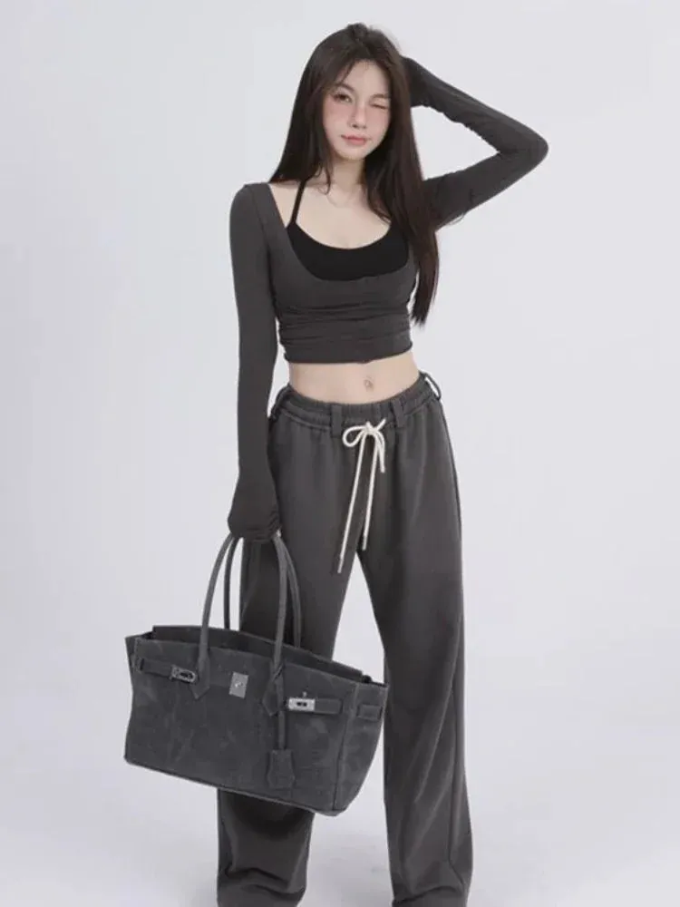 Aesthetic Halter Two-Piece Set - Harajuku Long Sleeve Tee From Kawaii Stop