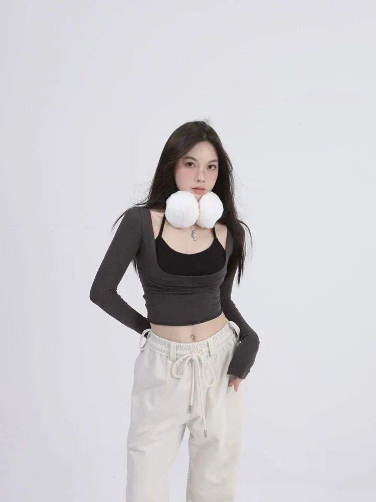 Aesthetic Halter Two-Piece Set - Harajuku Long Sleeve Tee From Kawaii Stop