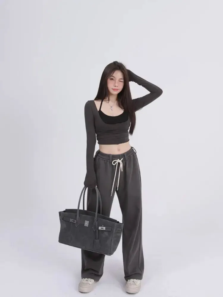 Aesthetic Halter Two-Piece Set - Harajuku Long Sleeve Tee From Kawaii Stop