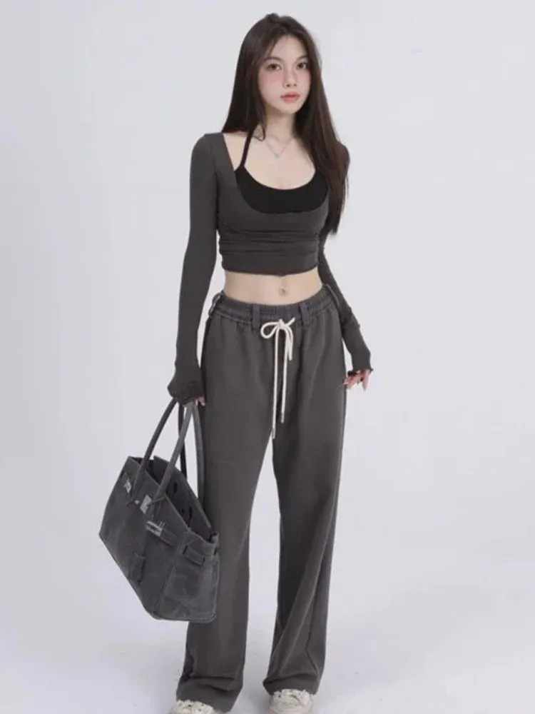 Aesthetic Halter Two-Piece Set - Harajuku Long Sleeve Tee From Kawaii Stop