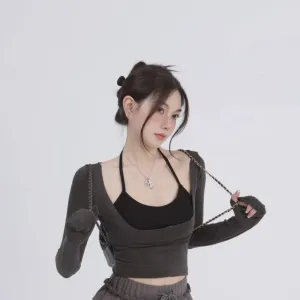 Aesthetic Halter Two-Piece Set - Harajuku Long Sleeve Tee From Kawaii Stop