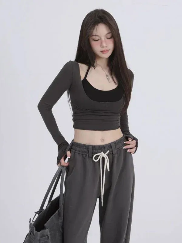 Aesthetic Halter Two-Piece Set - Harajuku Long Sleeve Tee From Kawaii Stop