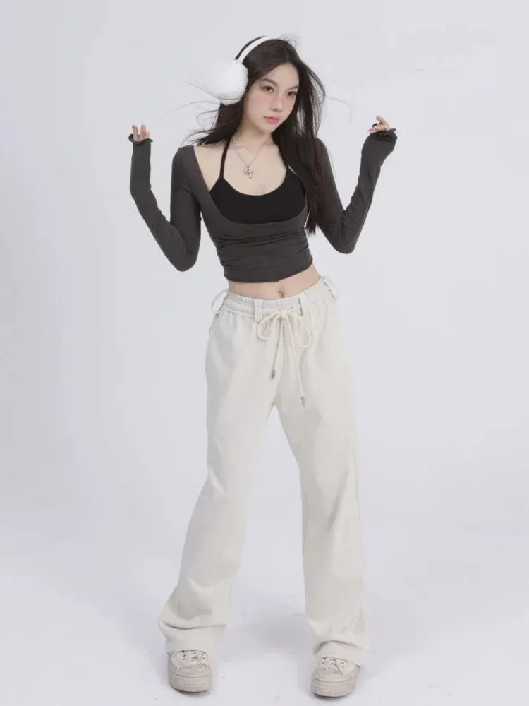 Aesthetic Halter Two-Piece Set - Harajuku Long Sleeve Tee From Kawaii Stop