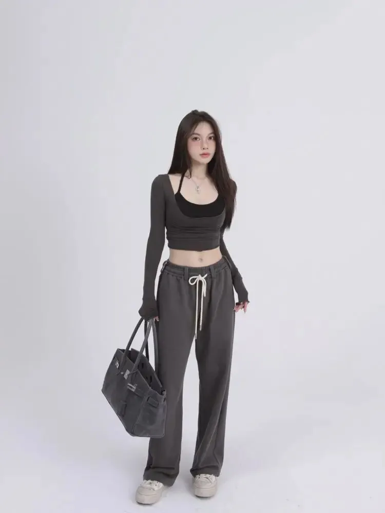 Aesthetic Halter Two-Piece Set - Harajuku Long Sleeve Tee From Kawaii Stop