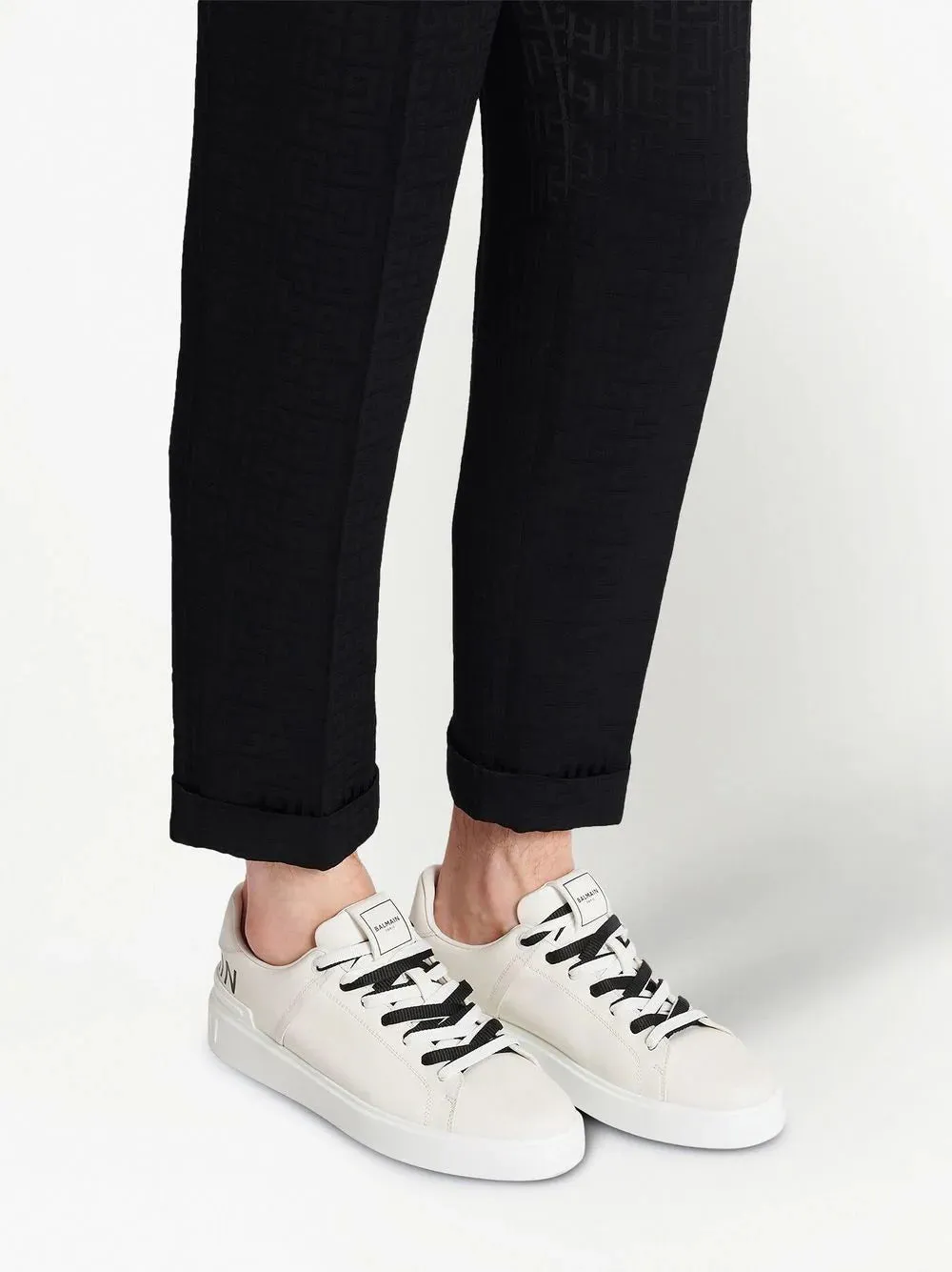 BALMAIN B-Court Leather Print Logo Sneakers White Black