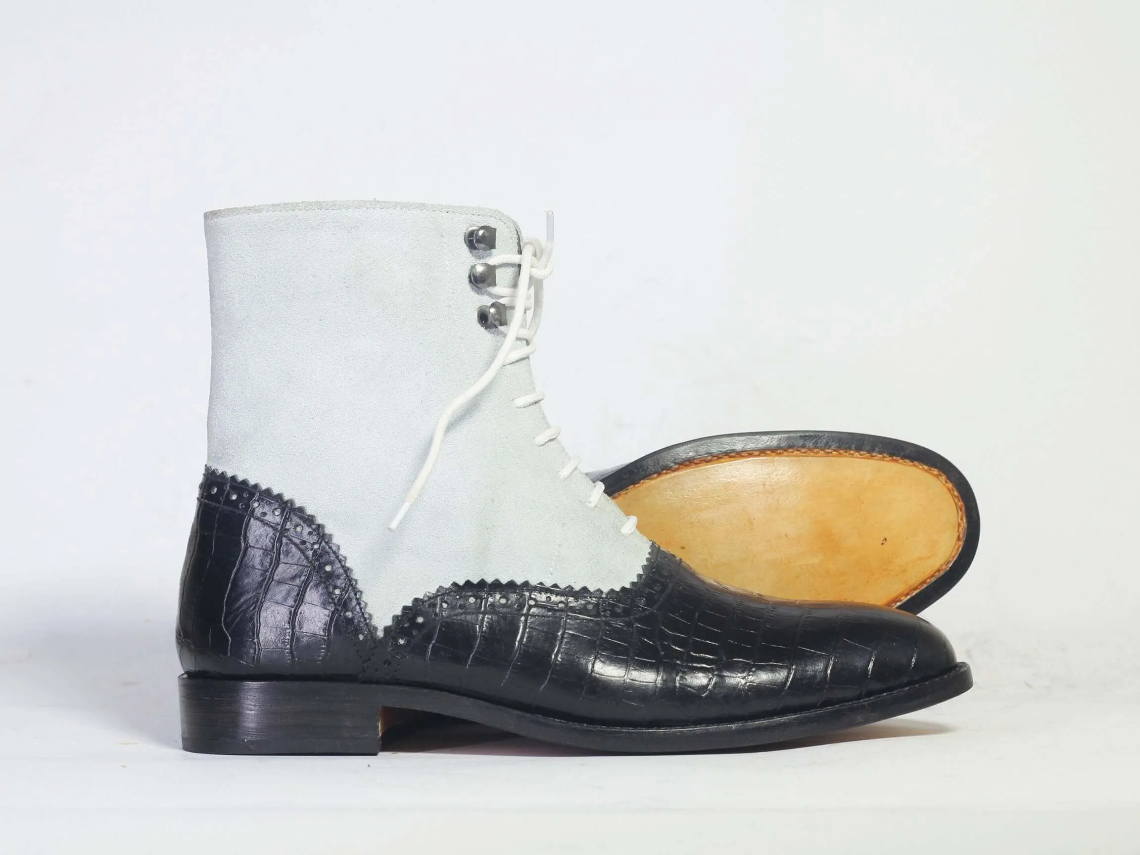 Bespoke Black Gray Leather Suede Ankle Lace Up Boots