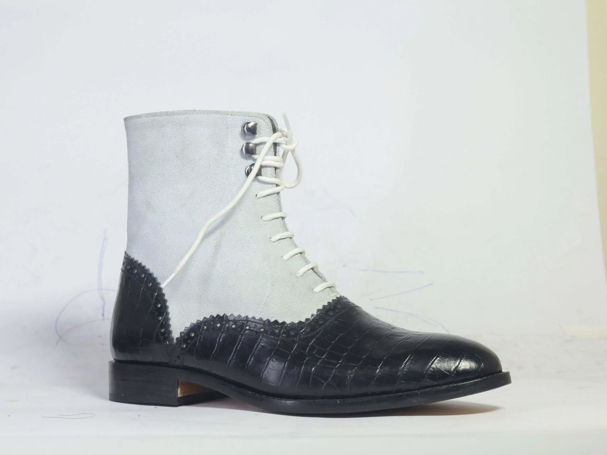 Bespoke Black Gray Leather Suede Ankle Lace Up Boots