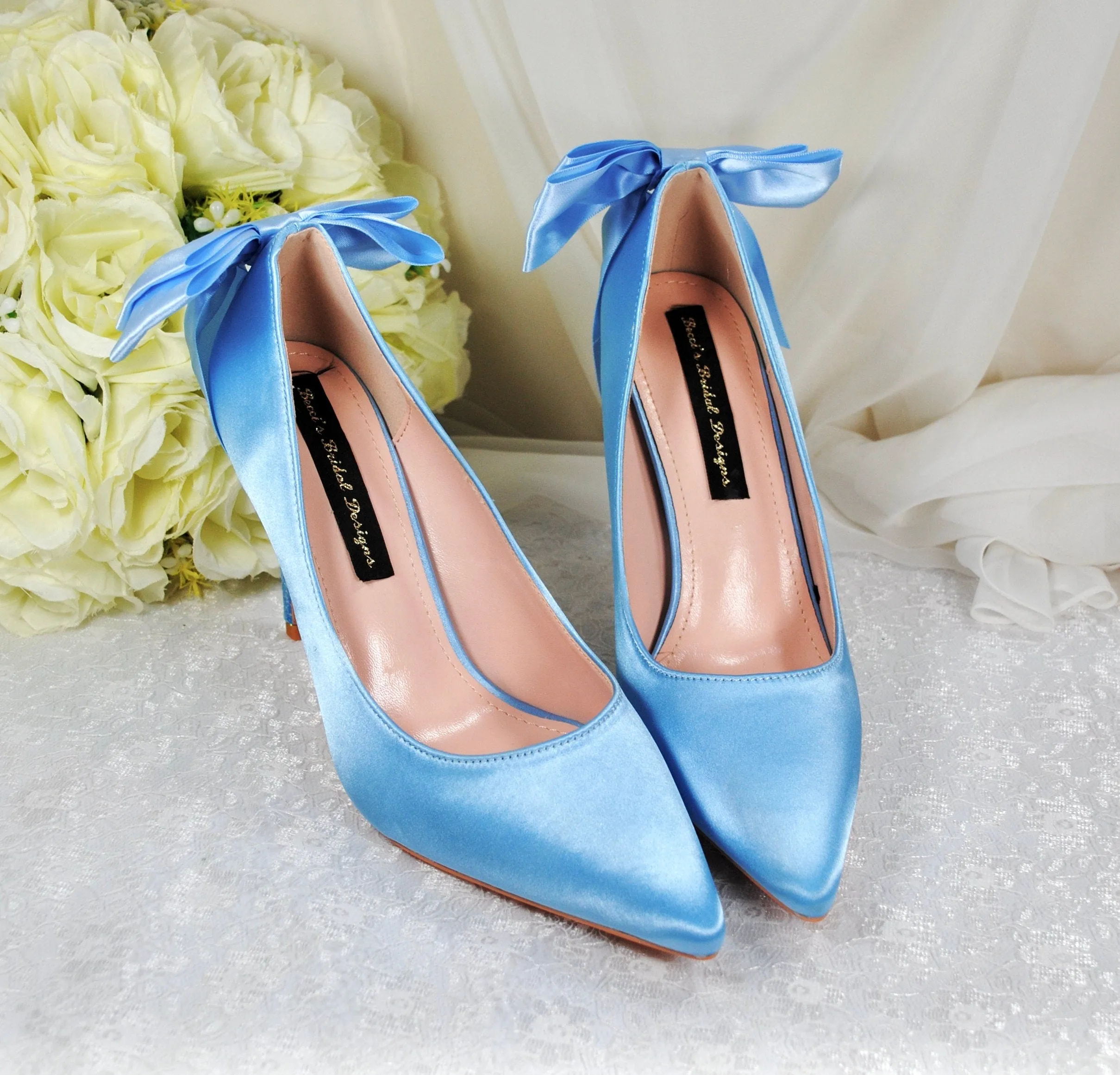 Blue Satin Wedding Shoes with Bridal Bow Size UK6.5/US9