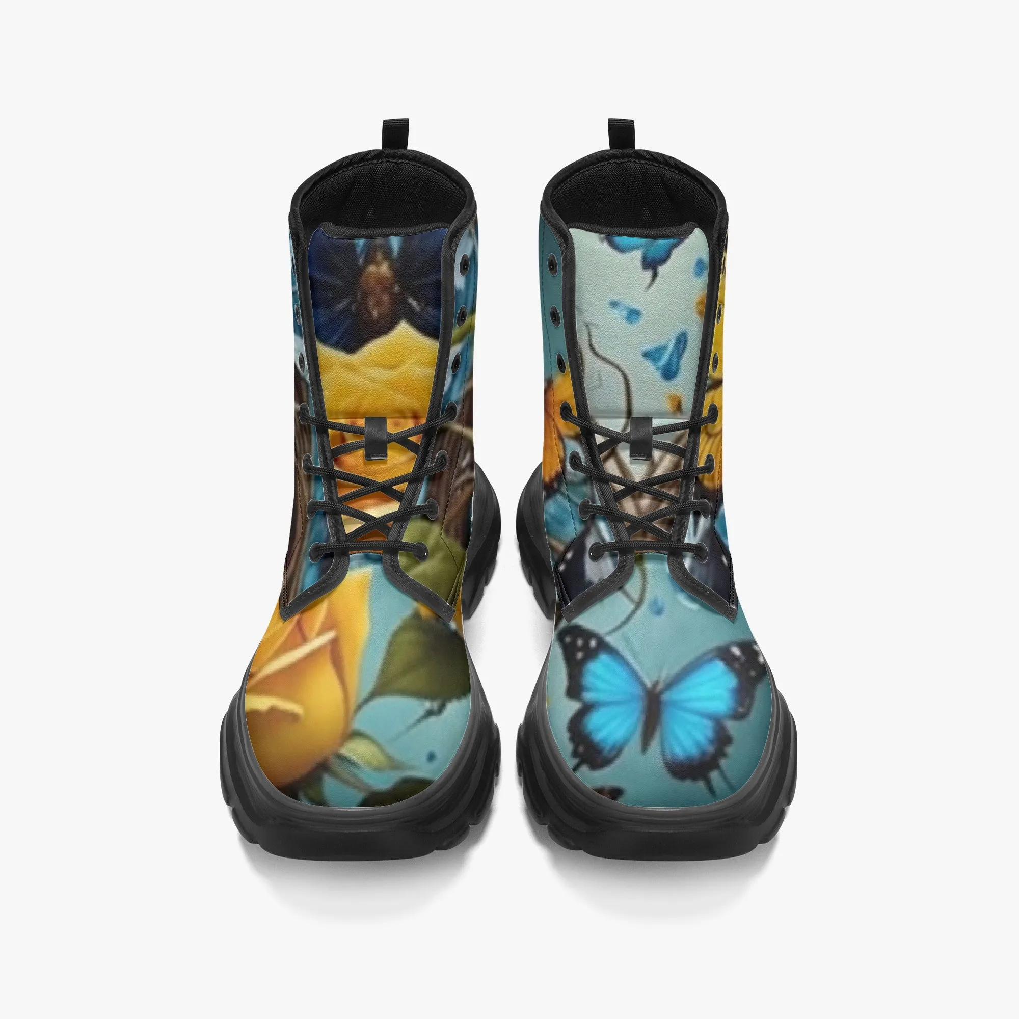 Butterfly & Roses Casual Leather Chunky Boots