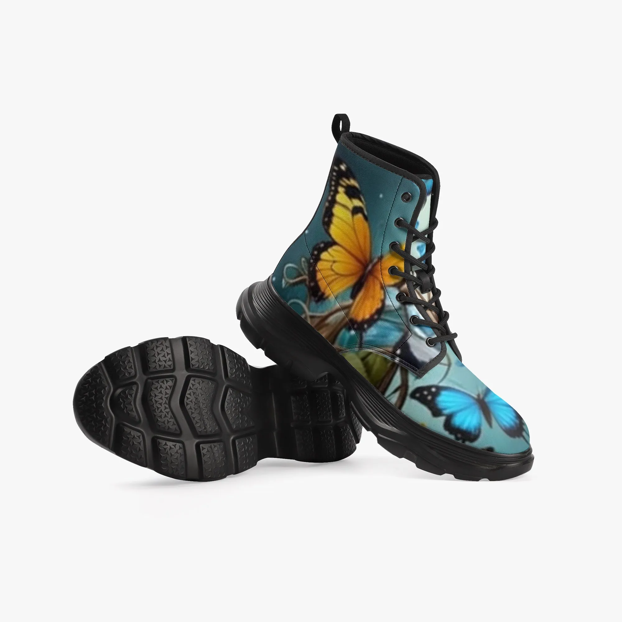 Butterfly & Roses Casual Leather Chunky Boots