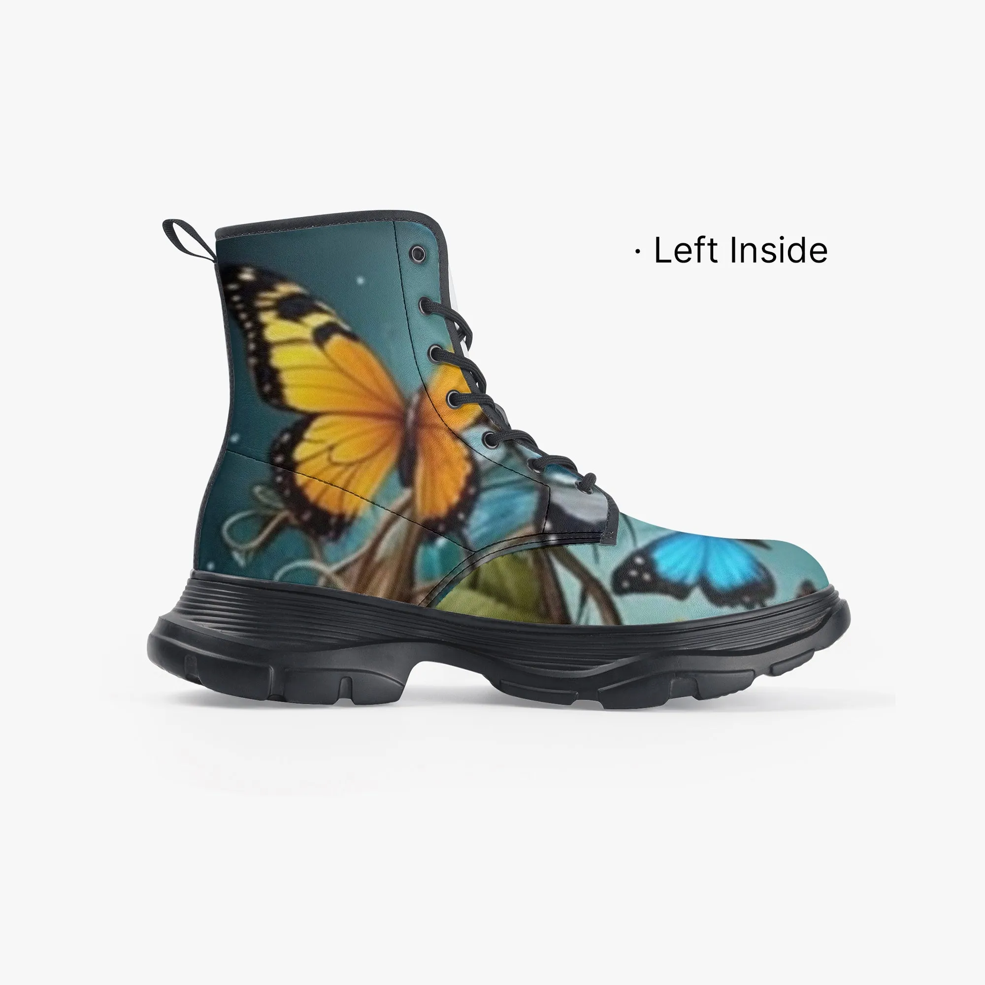 Butterfly & Roses Casual Leather Chunky Boots