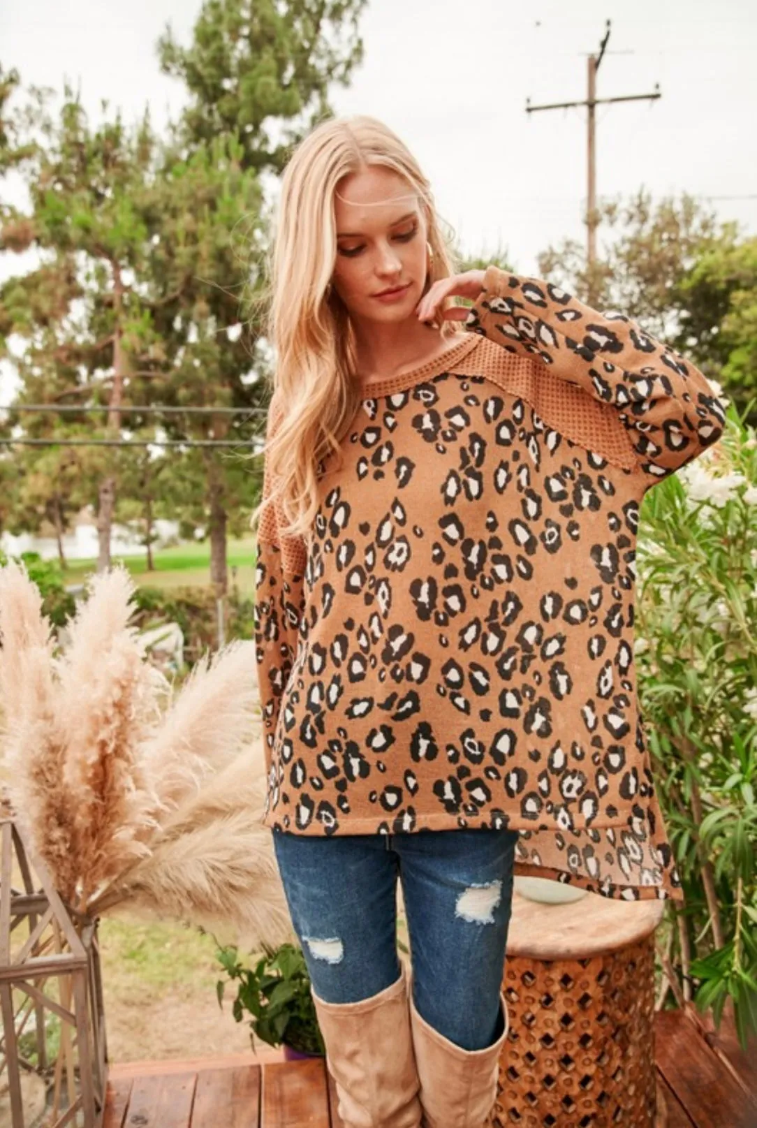 Camel Leopard Waffle Knit Top