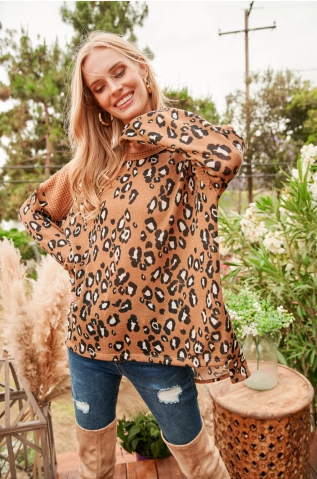 Camel Leopard Waffle Knit Top