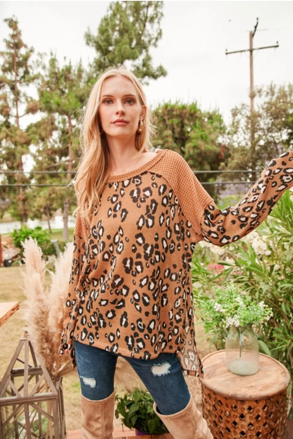 Camel Leopard Waffle Knit Top