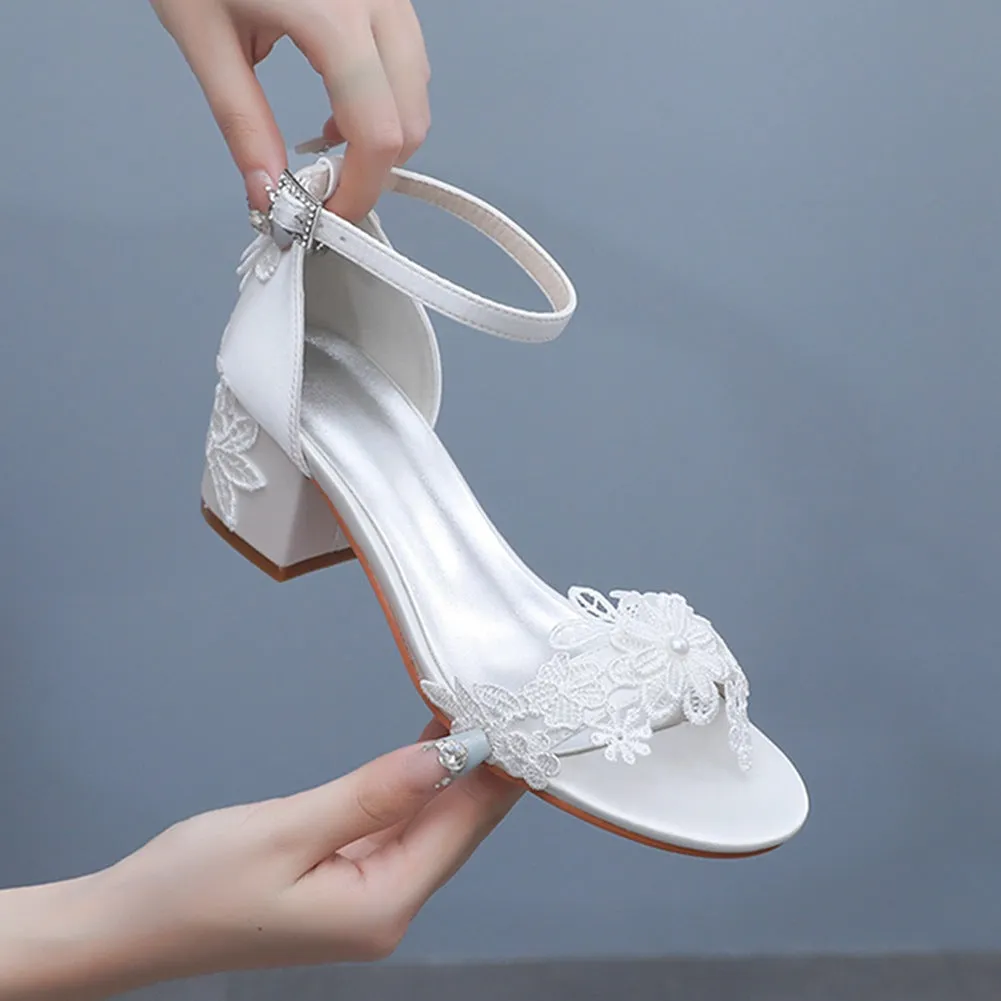 Chunky White Sandals Lace Flower Bridal Wedding Shoes