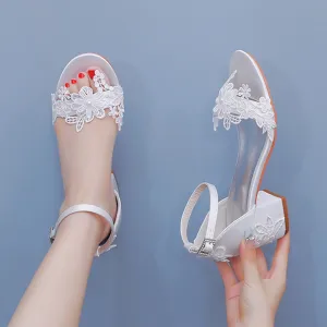 Chunky White Sandals Lace Flower Bridal Wedding Shoes
