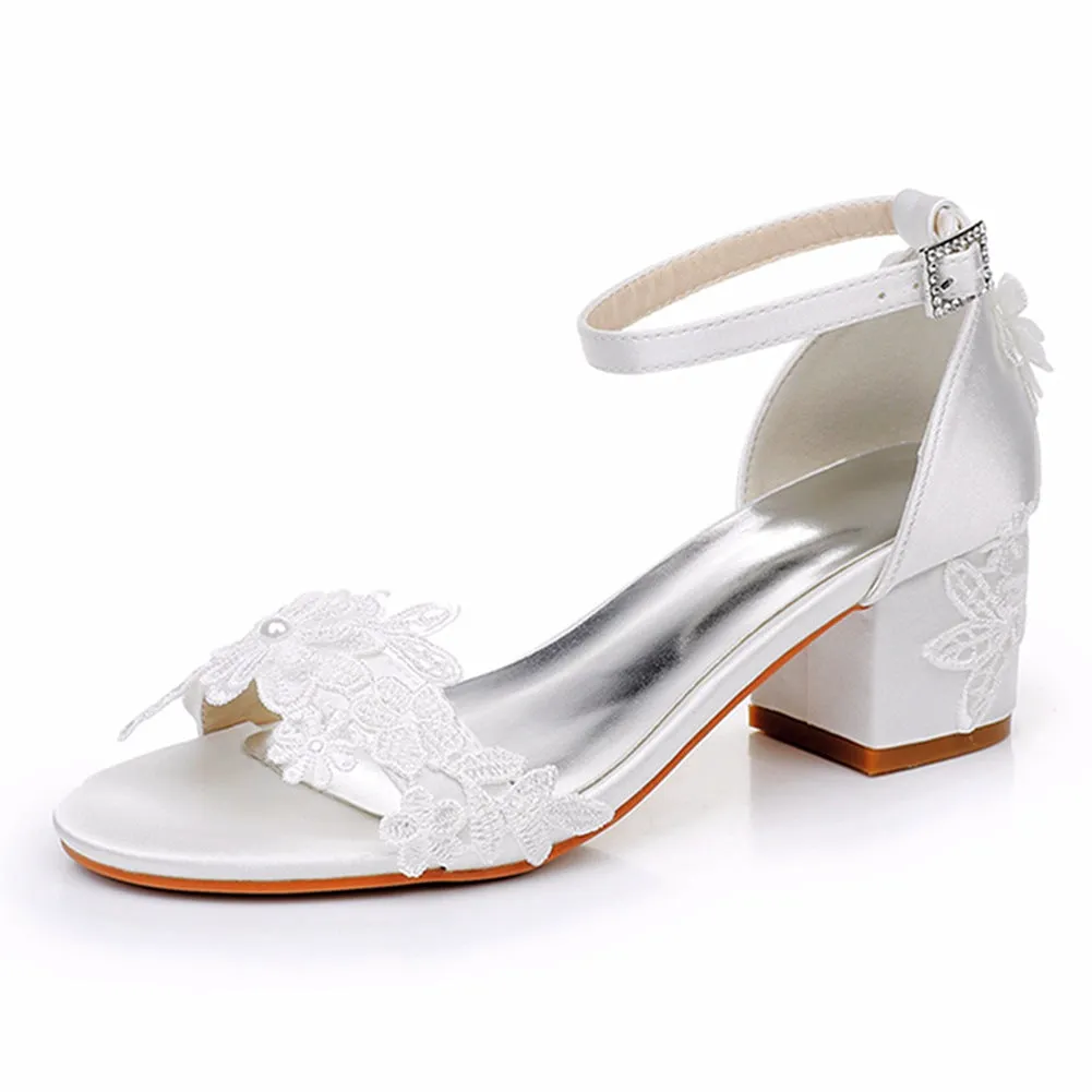 Chunky White Sandals Lace Flower Bridal Wedding Shoes