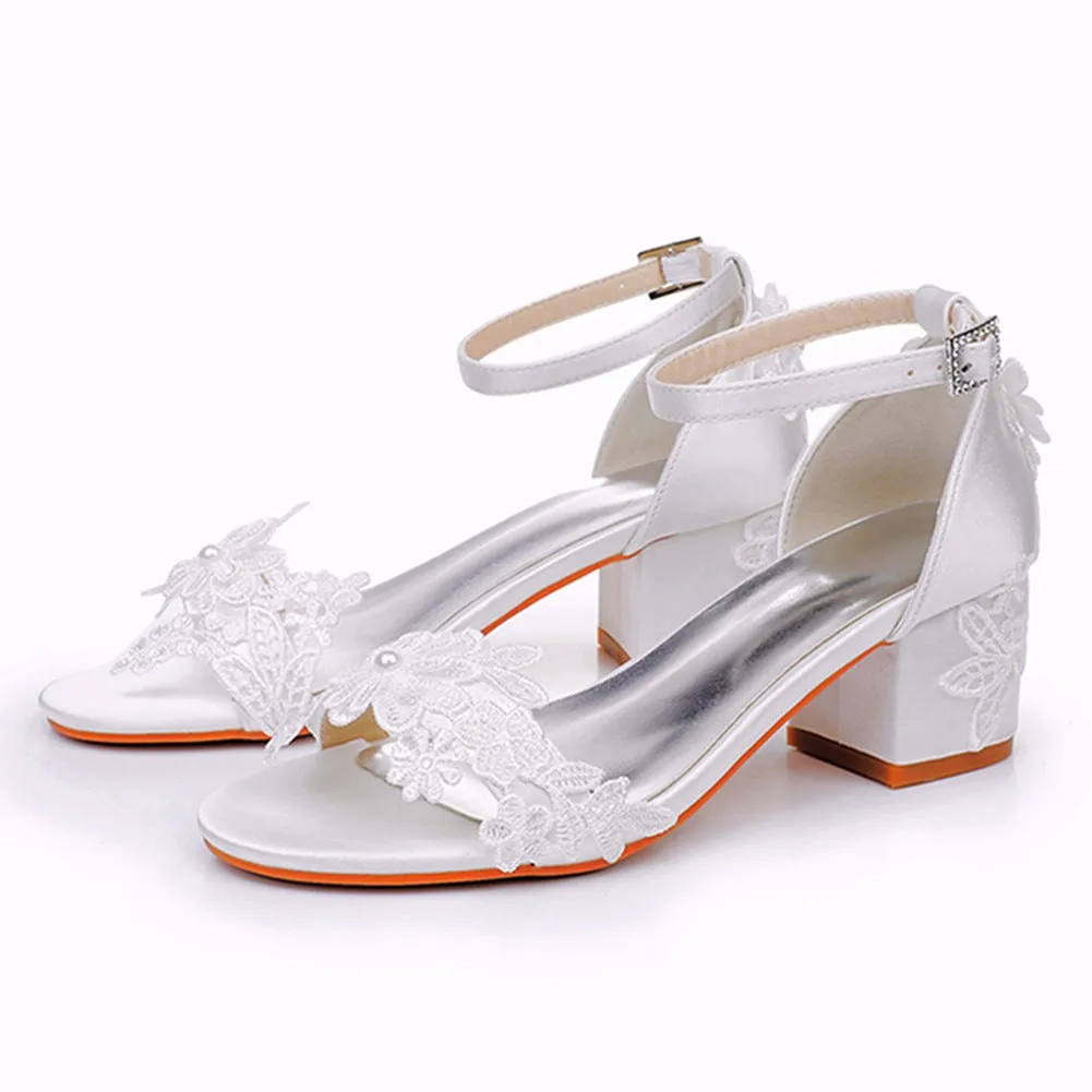 Chunky White Sandals Lace Flower Bridal Wedding Shoes