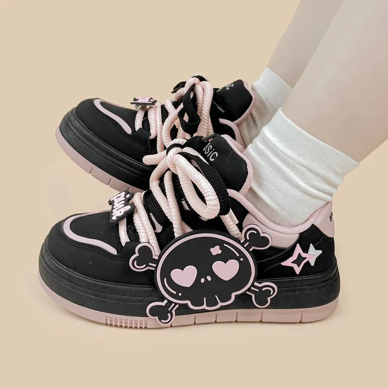 *CLEARANCE* Deadly Pink Skull Black Chunky Sneakers - Women's
