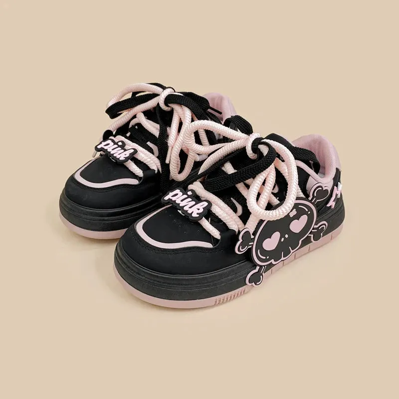 *CLEARANCE* Deadly Pink Skull Black Chunky Sneakers - Women's