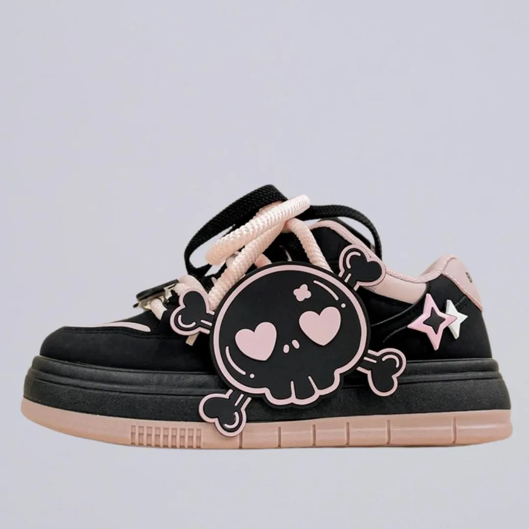 *CLEARANCE* Deadly Pink Skull Black Chunky Sneakers - Women's