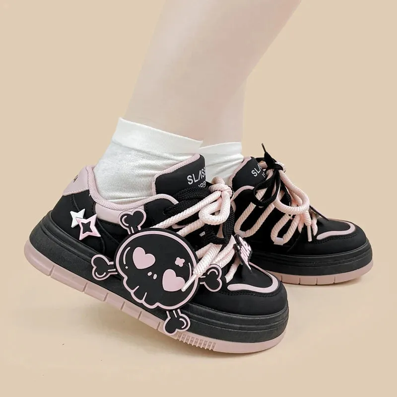 *CLEARANCE* Deadly Pink Skull Black Chunky Sneakers - Women's