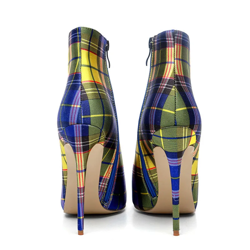 Color Block Plaid Pointed Toe High Heel Calf Boots