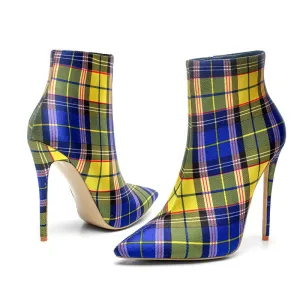 Color Block Plaid Pointed Toe High Heel Calf Boots