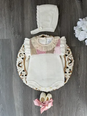 Colored Knit Squares With Ruffle Collar Short Knitted Romper Set in Ivory