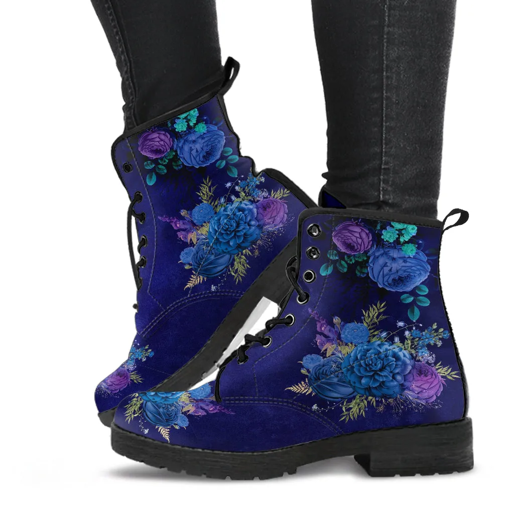 Combat Boots - Beautiful Flowers #101D | Women's Black Hipster Boots, Custom Shoes, Women's Boots, Vegan Leather Lace Up Boots Women