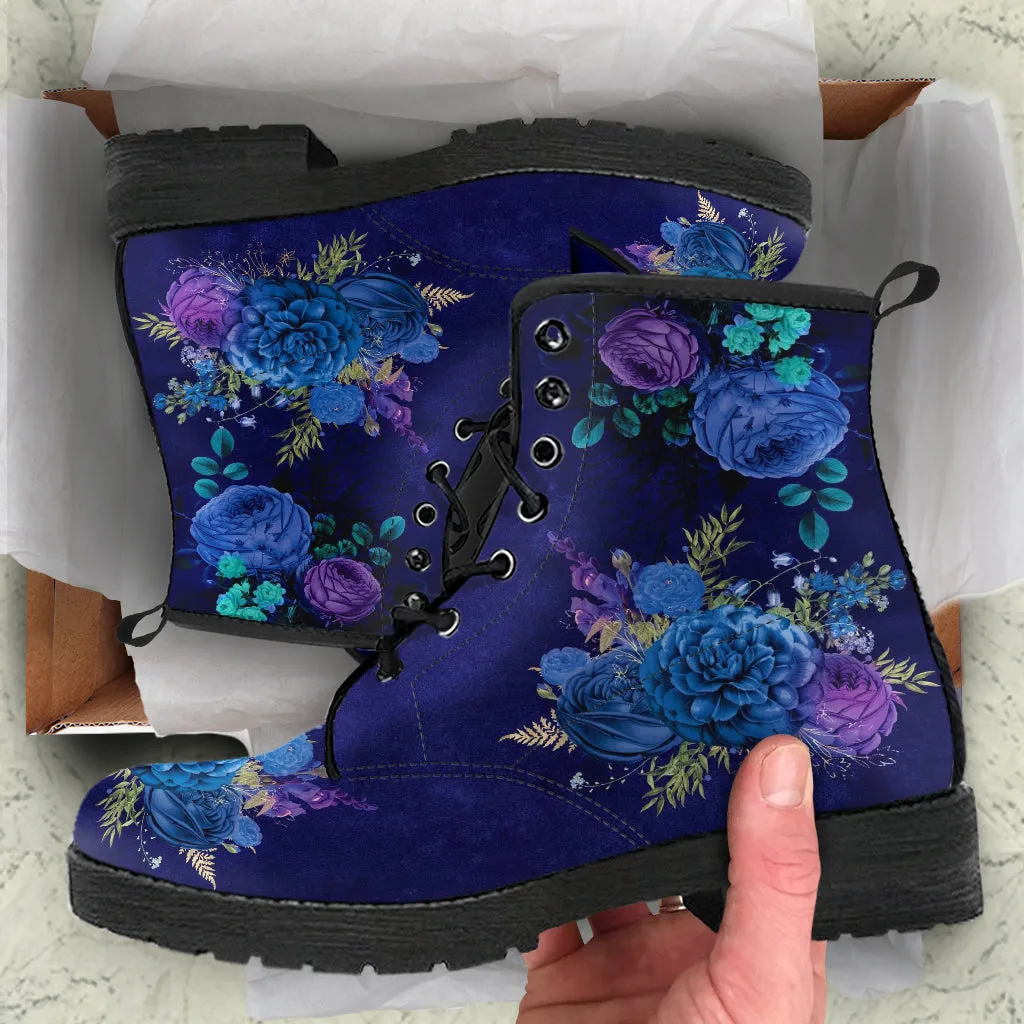 Combat Boots - Beautiful Flowers #101D | Women's Black Hipster Boots, Custom Shoes, Women's Boots, Vegan Leather Lace Up Boots Women