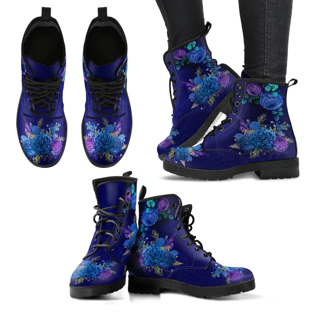Combat Boots - Beautiful Flowers #101D | Women's Black Hipster Boots, Custom Shoes, Women's Boots, Vegan Leather Lace Up Boots Women