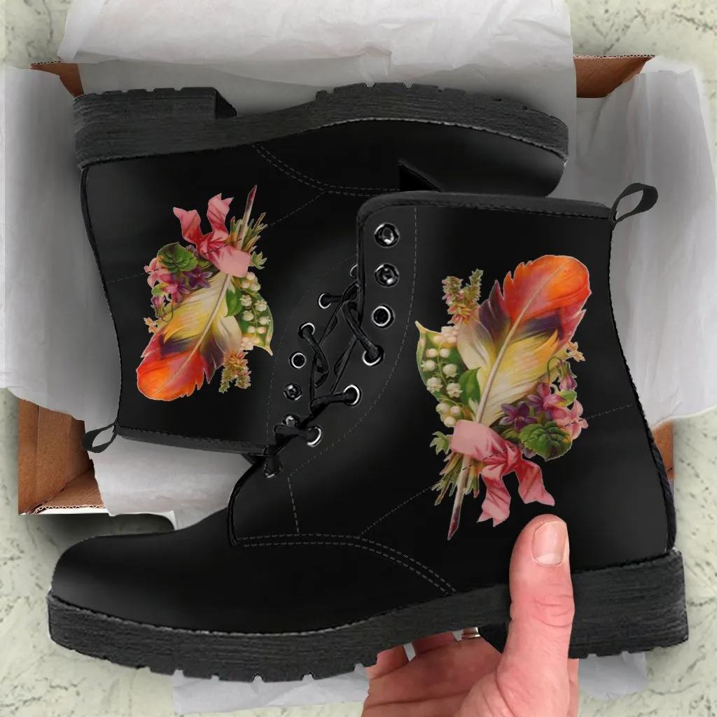 Combat Boots - Feather Quills | Black Boots, Black Hipster Boots, Black Leather Boots, Black Combat Boots, Vintage Boots Women