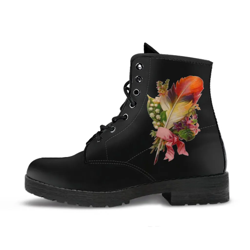 Combat Boots - Feather Quills | Black Boots, Black Hipster Boots, Black Leather Boots, Black Combat Boots, Vintage Boots Women