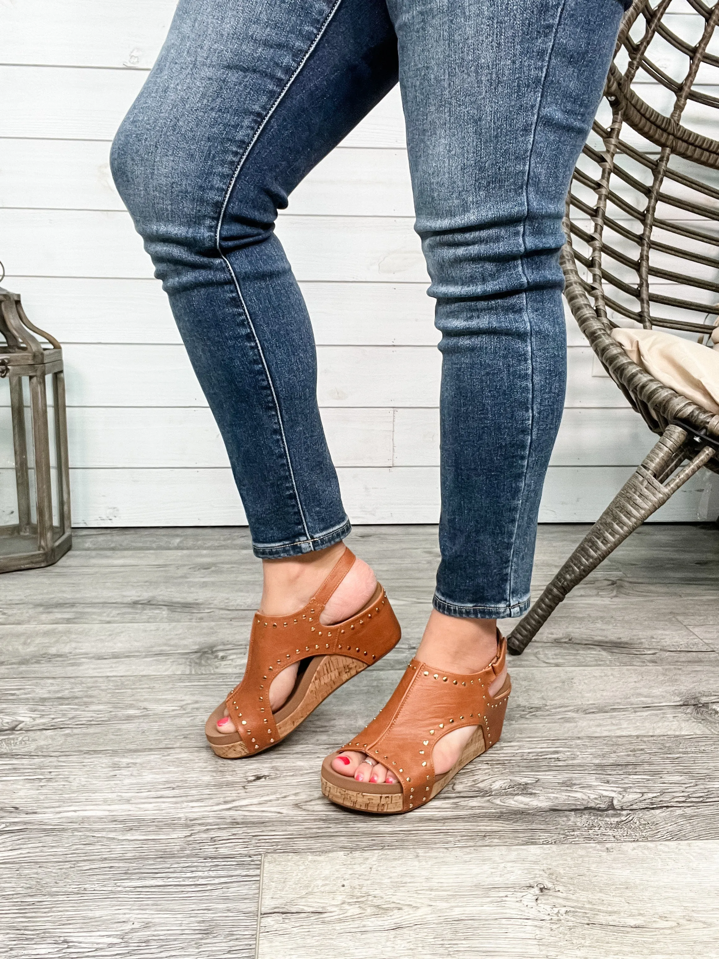 Corkys "Carley" Wedge Sandal  (Cognac Studs)