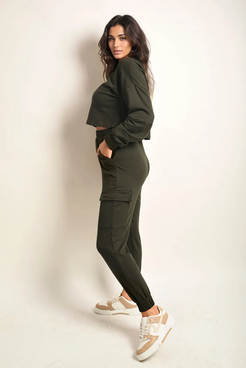 Cropped Long Sleeve Top And Cargo Joggers Co-ordinates