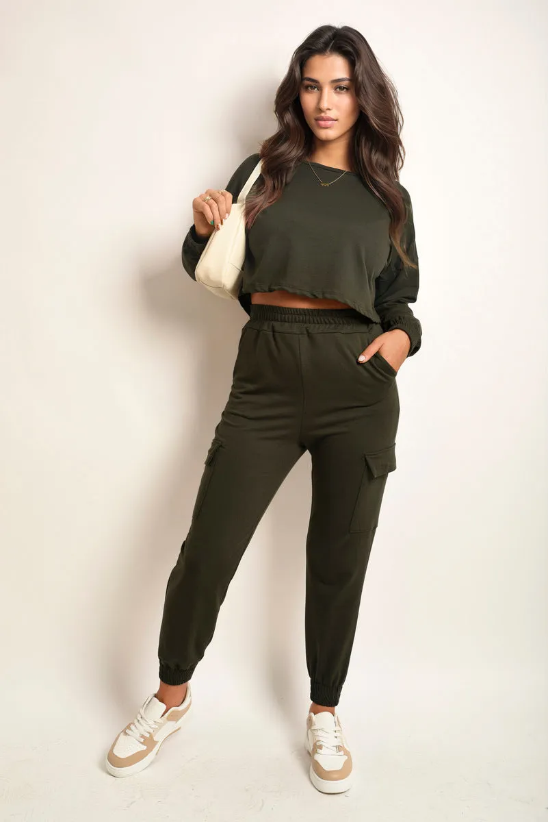 Cropped Long Sleeve Top And Cargo Joggers Co-ordinates