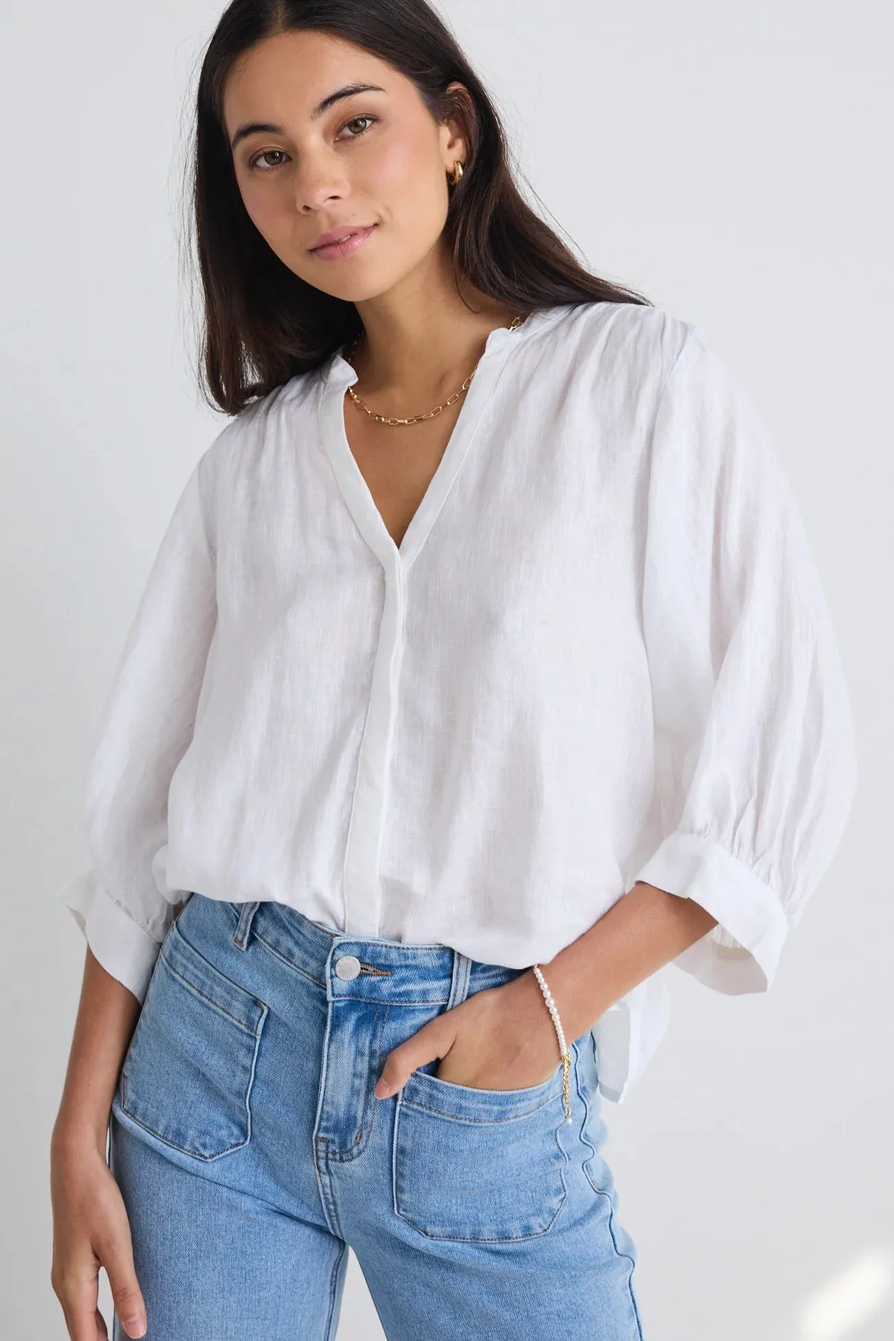 Deity White Linen Puff Sleeve Blouse