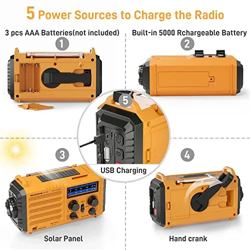 Emergency Radio with NOAA Weather Alert, Portable Solar Hand Crank AM/FM Shortwave Radio for Survival,Rechargeable Battery Powered,USB Charger,Flashlight,Reading Lamp,SOS Alarms for Home Outdoor