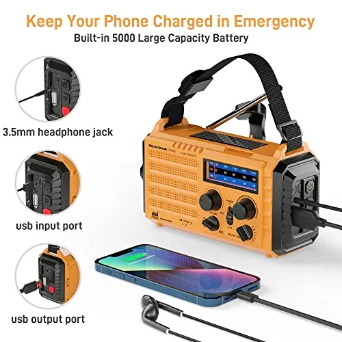 Emergency Radio with NOAA Weather Alert, Portable Solar Hand Crank AM/FM Shortwave Radio for Survival,Rechargeable Battery Powered,USB Charger,Flashlight,Reading Lamp,SOS Alarms for Home Outdoor