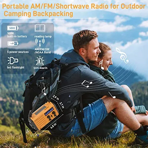 Emergency Radio with NOAA Weather Alert, Portable Solar Hand Crank AM/FM Shortwave Radio for Survival,Rechargeable Battery Powered,USB Charger,Flashlight,Reading Lamp,SOS Alarms for Home Outdoor