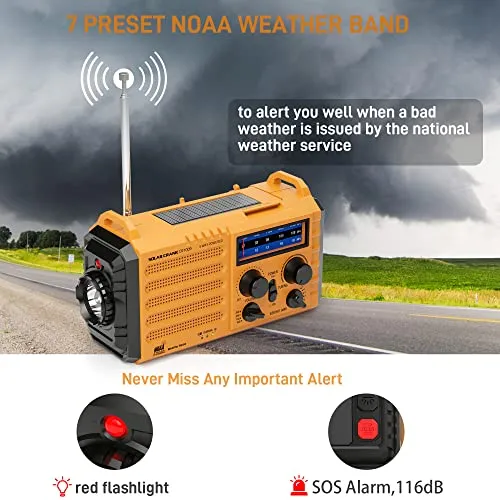 Emergency Radio with NOAA Weather Alert, Portable Solar Hand Crank AM/FM Shortwave Radio for Survival,Rechargeable Battery Powered,USB Charger,Flashlight,Reading Lamp,SOS Alarms for Home Outdoor